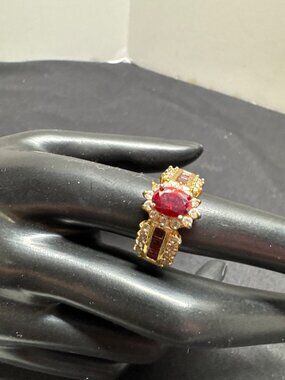 Gold-Plated Tourmaline or Ruby & Diamond-Style Cocktail Ring Size 7 Vintage Look